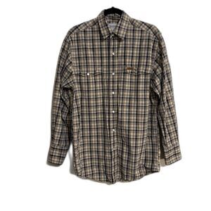 Carhartt Men Pearl Snap button down Small Cream blue brown plaid double pockets